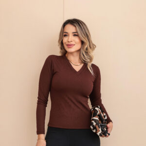 Blusa Peluciada Manga Comprida Gola V